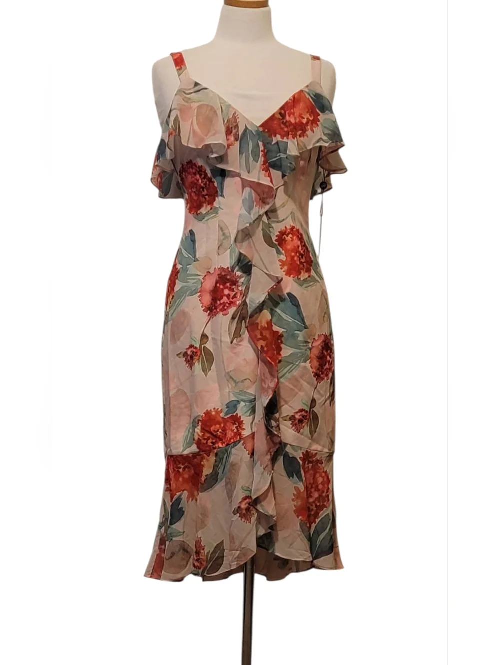 Adrianna Papell Chiffon Floral Ruffled Any Occasion Midi Dress